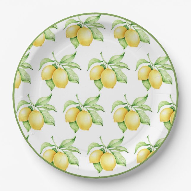 Lemon Pattern Watercolor Simple Green Trim Paper Plate (Front)
