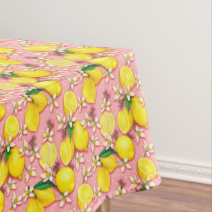 Lemon Pattern White Blossoms on Pink Lemonade  Tablecloth