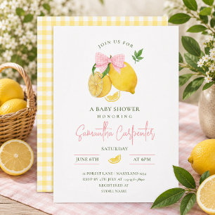Lemon pink bow baby shower invitation