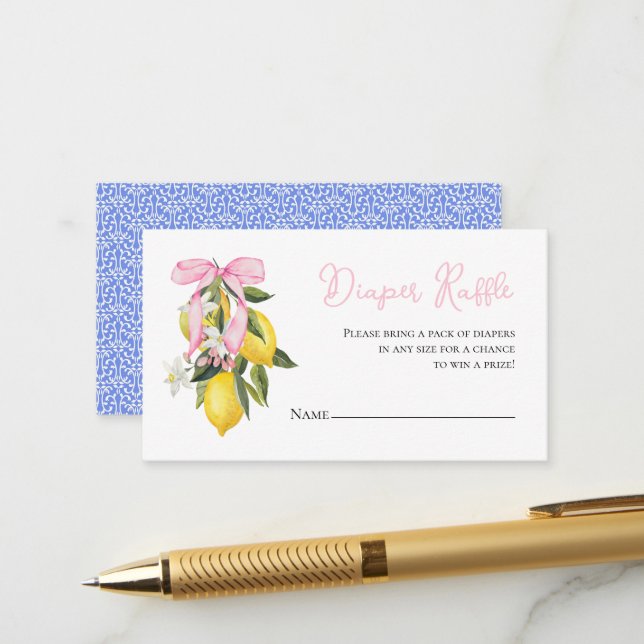 Lemon Pink Bow coquette baby shower Diaper Raffle Enclosure Card (Front/Back In Situ)