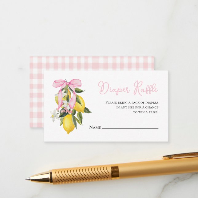 Lemon Pink Bow coquette baby shower Diaper Raffle Enclosure Card (Front/Back In Situ)