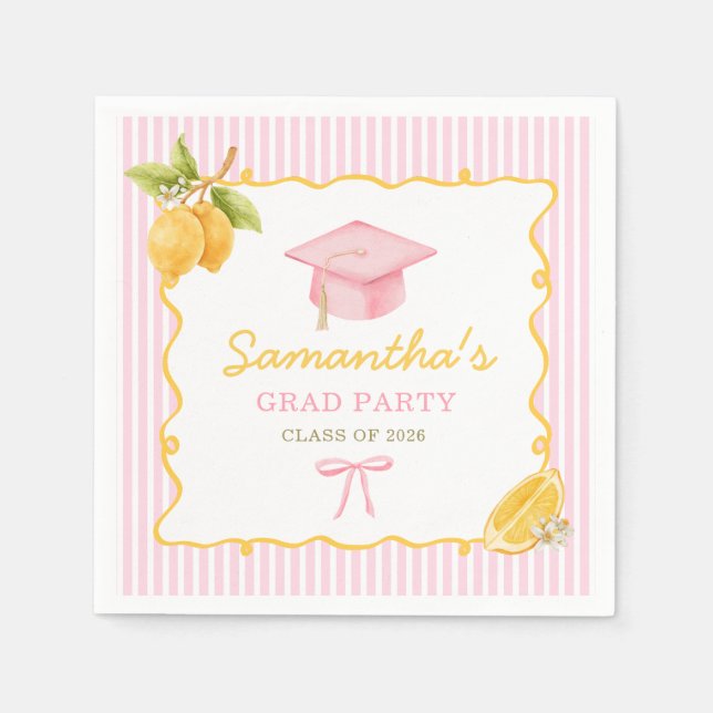 Lemon pink bow graduation party Paper Napkin (Front)