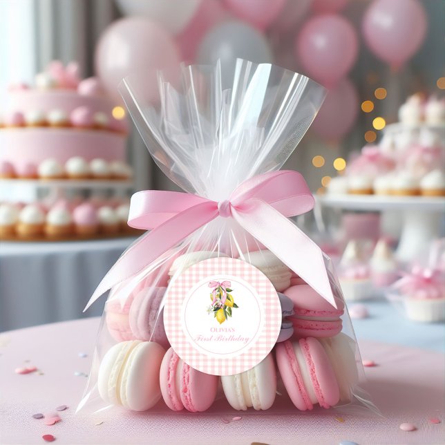 Lemon Pink Bow preppy Coquette 1st birthday Classic Round Sticker (Creator Uploaded)