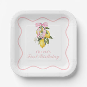 Lemon Pink Bow preppy Coquette  1st birthday Paper Plate