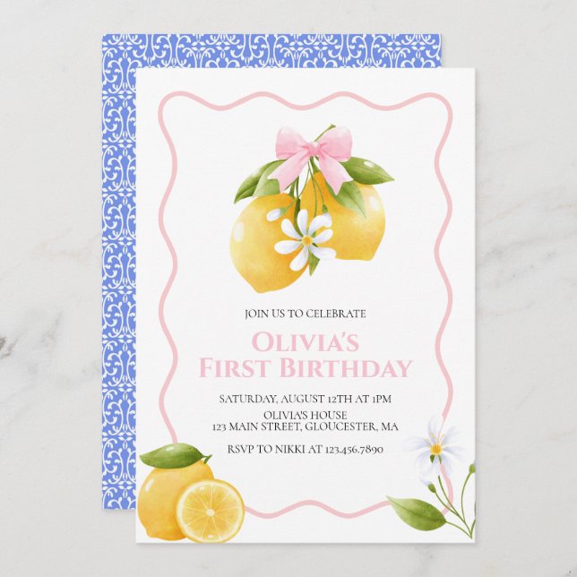 Lemon Pink Bow preppy Coquette birthday Invitation (Front/Back)