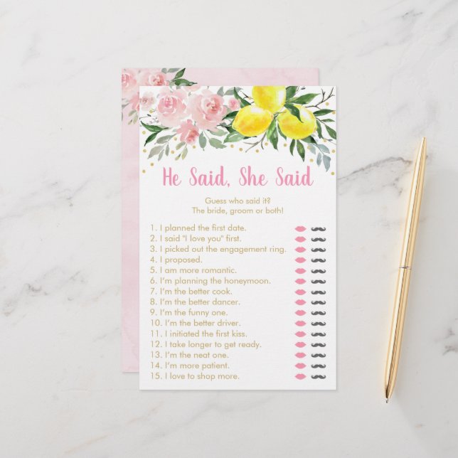 Lemon Pink Floral He Said She Said Bridal Game (Front/Back In Situ)