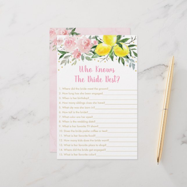 Lemon Pink Floral Who Knows The Bride Best Game (Front/Back In Situ)