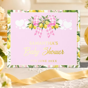 Lemon & Pink Gingham Bow Baby Shower Gold Guest Book
