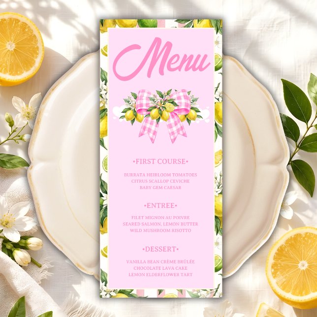 Lemon & Pink Gingham Bow Baby Shower Menu Card (Creator Uploaded)