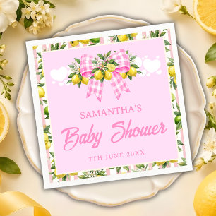 Lemon & Pink Gingham Bow Baby Shower Napkin
