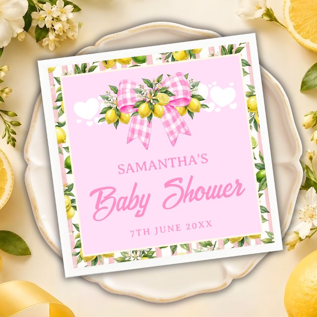 Lemon & Pink Gingham Bow Baby Shower Napkin (Creator Uploaded)
