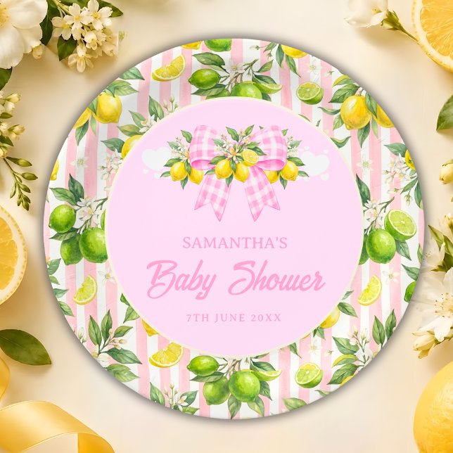 Lemon & Pink Gingham Bow Baby Shower Paper Plate (Creator Uploaded)