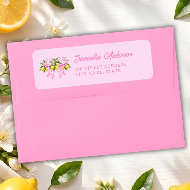 Lemon Pink Gingham Bow Baby Shower Return Address (Creator Uploaded)