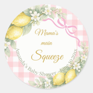 Lemon pink gingham mama's main squeeze Baby Shower Classic Round Sticker
