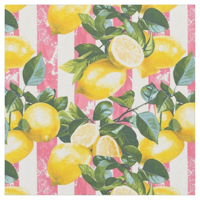 Lemon Pink Stripe Cotton Fabric (Close Up)