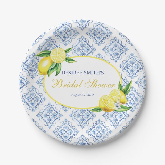 Lemon Plates, Blue Tile Italian Paper Plate (Front)