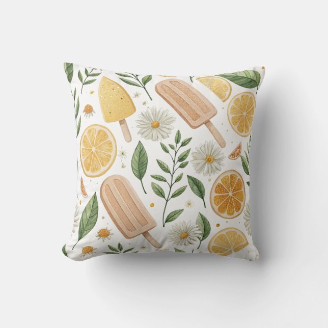 Lemon Popsicle & Floral Throw Pillow (Front)