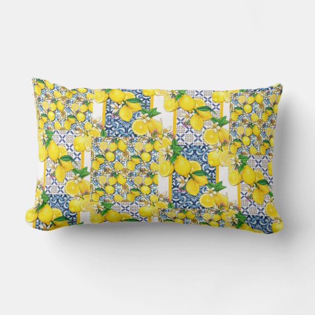 Lemon Portuguese Azulejo Mediterranean Santorini   Lumbar Pillow (Front)