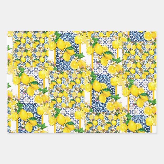 Lemon Portuguese Azulejo Mediterranean Santorini   Wrapping Paper Sheet (Front)