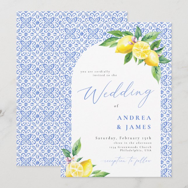 Lemon Positano Italian Blue Tile Wedding Invitation (Front/Back)