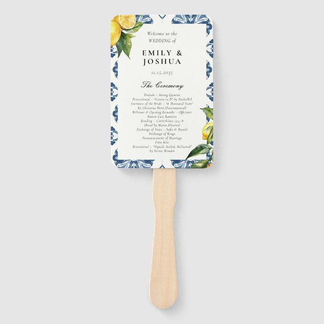 Lemon Positano Italian Wedding Ceremony Program Hand Fan (Front)