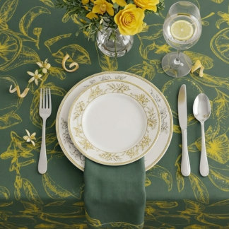 Lemon Print Yellow on Dark Green  Tablecloth