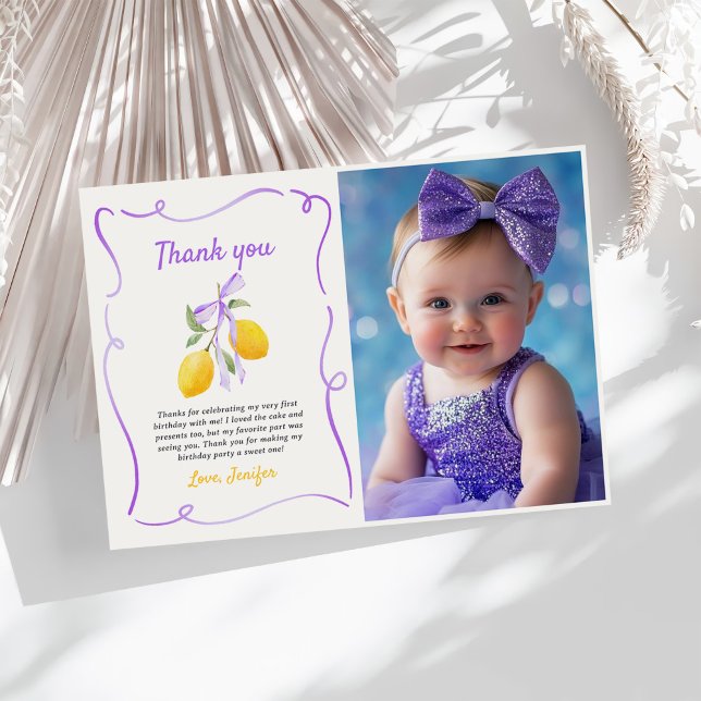 Lemon Purple Bow First Birthday Party Photo Thank You Card (Creator Uploaded)