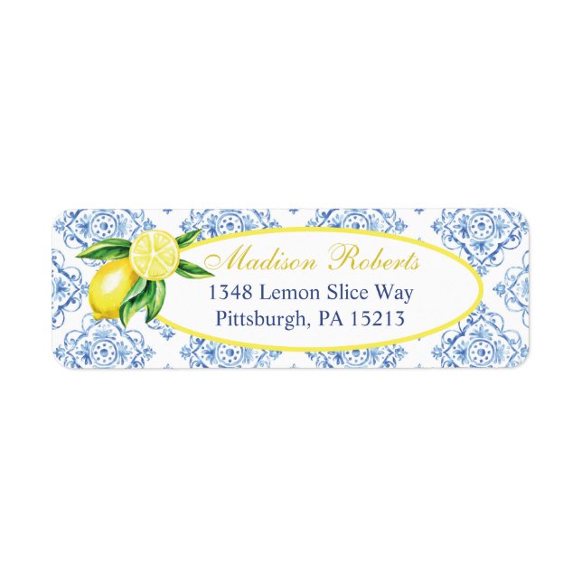 Lemon Return Address Labels, Blue Tile Italian (Front)