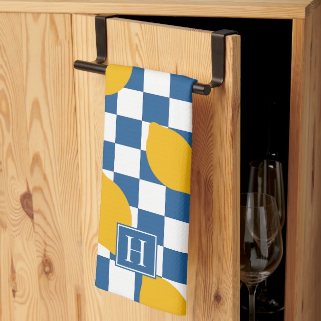 Lemon Rustic Farmhouse Blue White Check Monogram Kitchen Towel (Thirds Fold)