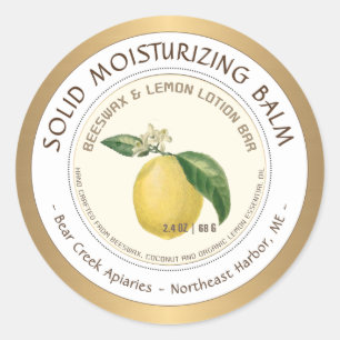 Lemon Scented Beeswax Lotion Bar label Gold Border