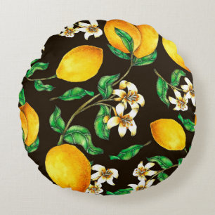 Lemon Seamless Pattern hand painted in watercolor Round Pillow
