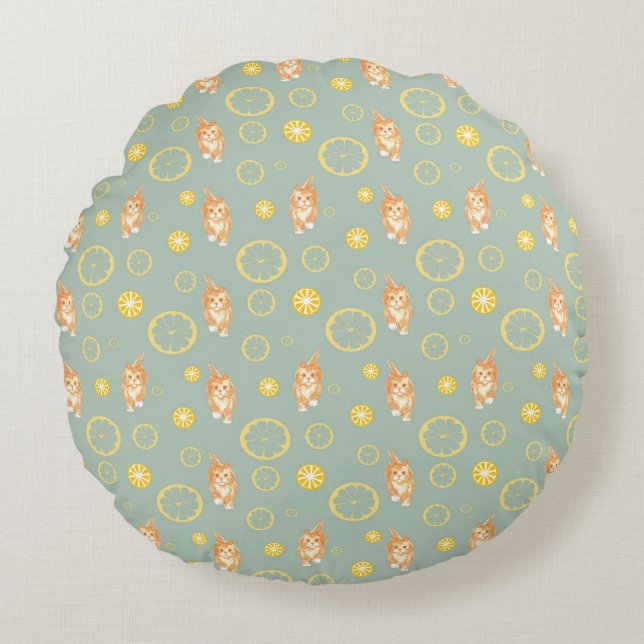 lemon slice and cat pattern round pillow (Front)