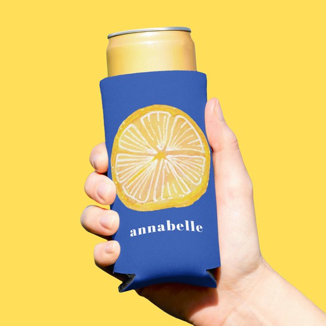 Lemon Slice First Name Seltzer Can Cooler (Citrus Lemon summer can cooler with custom name or choice of text. Blue background.)