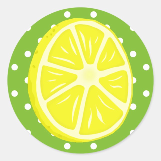 Lemon Slice, Green and White Polka Dots Classic Round Sticker (Front)