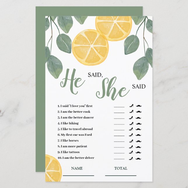 Lemon Slice He said She said Bridal Game (Front/Back)