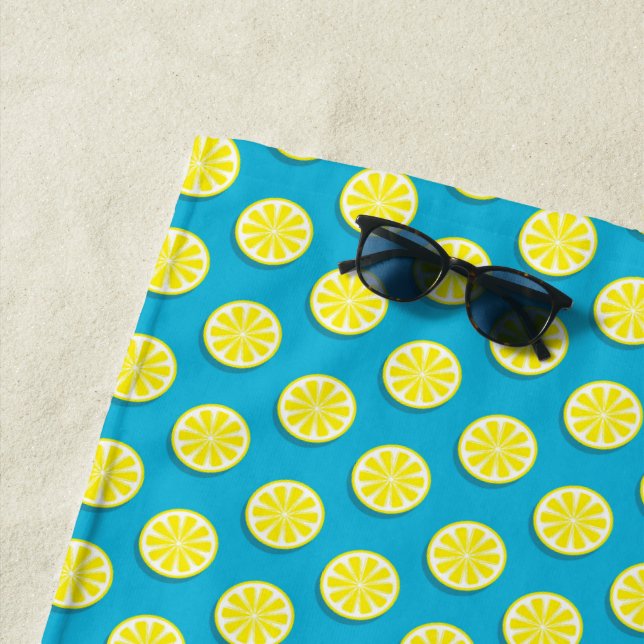 Lemon Slice Pattern on Blue  Beach Towel (In Situ)