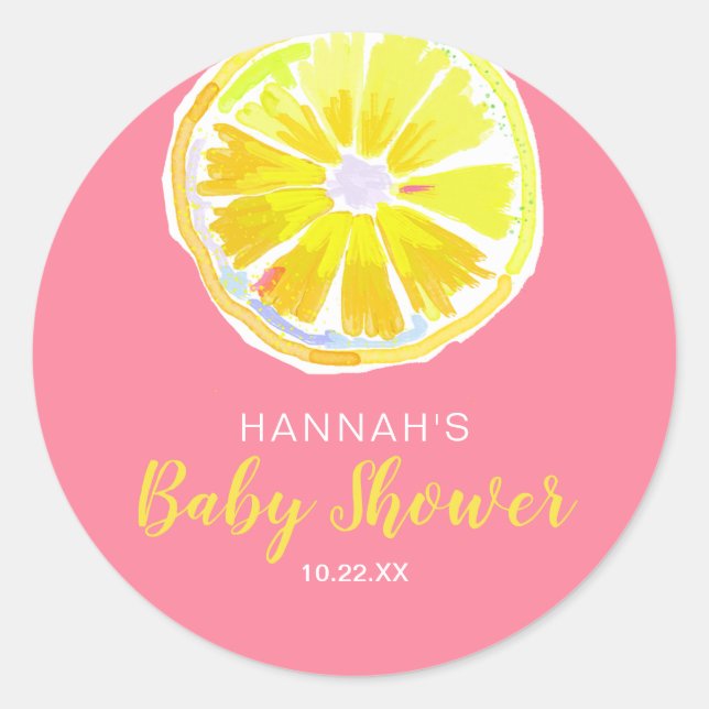 Lemon Slice Watercolor Pink Baby Shower Classic Round Sticker (Front)