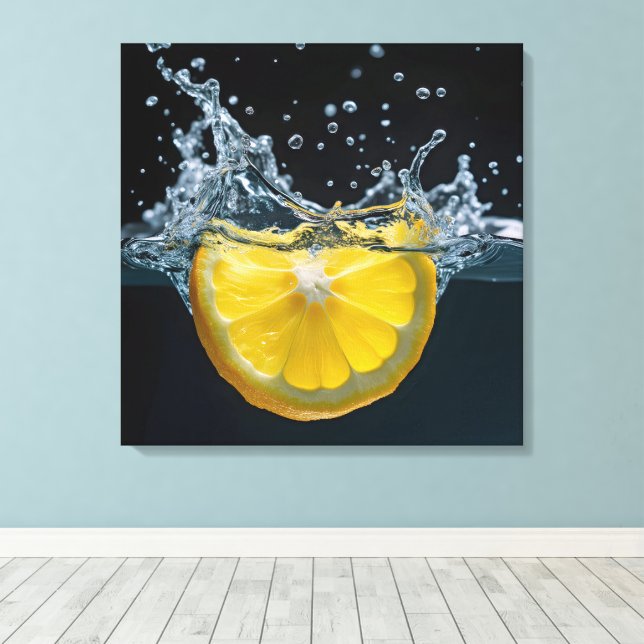 Lemon Slice With Water Splash Canvas Print (Insitu(Wood Floor))