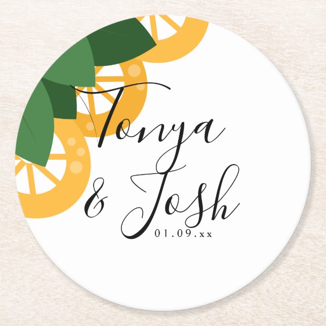Lemon Slices Southern Wedding Greenery Round Paper Coaster (Front)