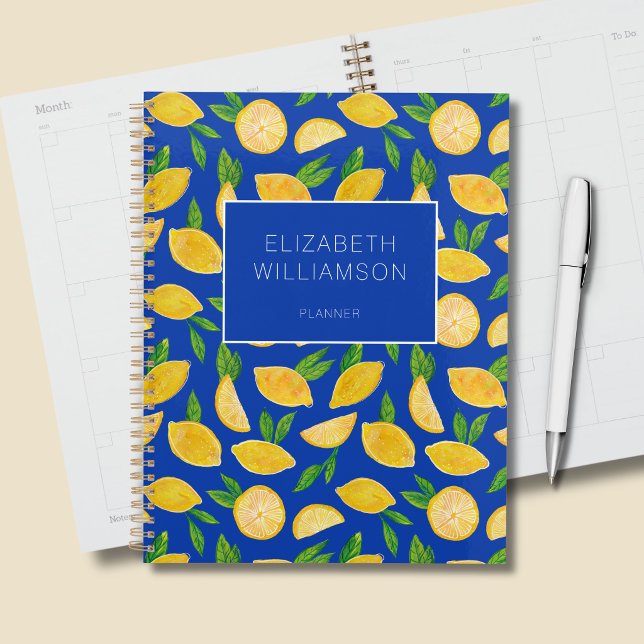 Lemon summer citrus fruit pattern planner (Citrus lemon personalized blue planner)