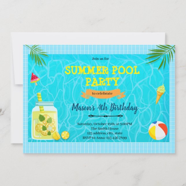 Lemon summer pool party invitation (Front)