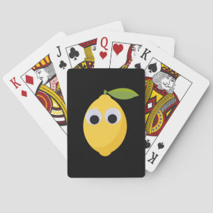 Lemon, sweet fruit with googly eyes playing cards