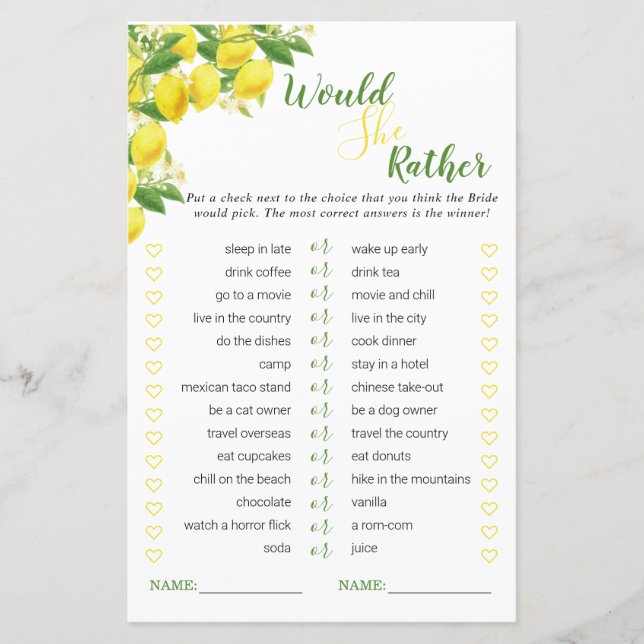 Lemon Theme Bridal Shower Would She Rather Game (Front)