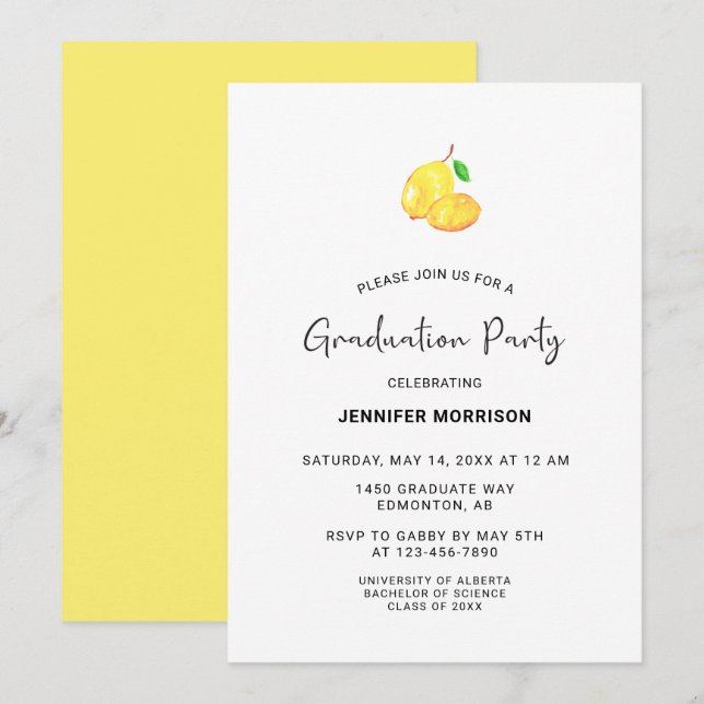 Lemon Theme Graduation Party Boho Modern Chic  Invitation (Front/Back)
