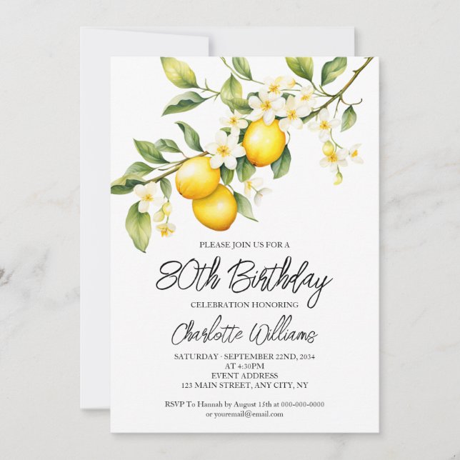 Lemon Theme Watercolor 80th Birthday Party Invitation (Front)