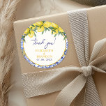 Lemon-Themed Mediterranean Tile Wedding Classic Round Sticker<br><div class="desc">Celebrate your special day with this cute Mediterranean-style wedding design, featuring traditional Italian tiles adorned with vibrant lemons and lush greenery. Perfect for a rustic, coastal, or Amalfi-inspired wedding, this elegant design captures the charm of Southern Italy with its intricate patterns and fresh citrus elements. Fully customizable with your wedding...</div>
