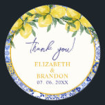 Lemon-Themed Mediterranean Tile Wedding Classic Round Sticker<br><div class="desc">Celebrate your special day with this cute Mediterranean-style wedding design, featuring traditional Italian tiles adorned with vibrant lemons and lush greenery. Perfect for a rustic, coastal, or Amalfi-inspired wedding, this elegant design captures the charm of Southern Italy with its intricate patterns and fresh citrus elements. Fully customizable with your wedding...</div>