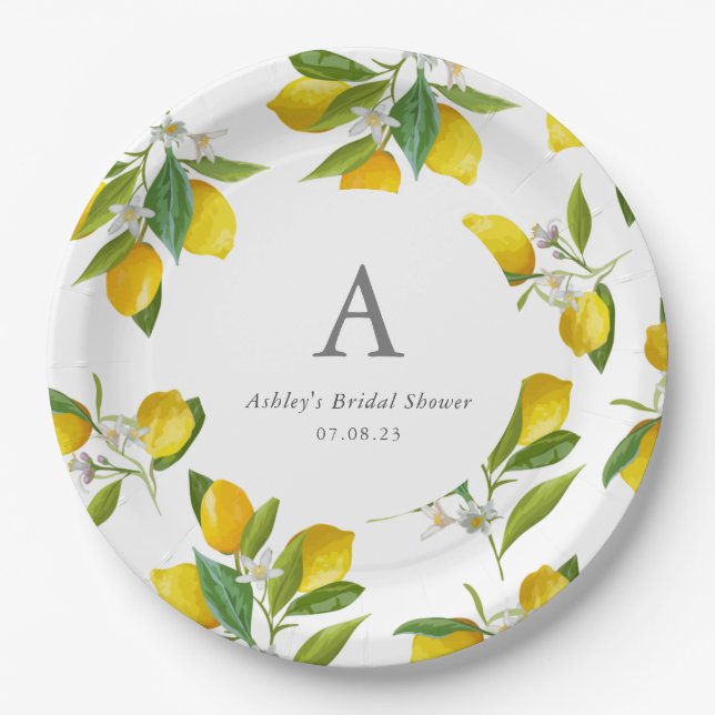 Lemon themed Monogram initial Bridal Shower Paper Plate (Front)