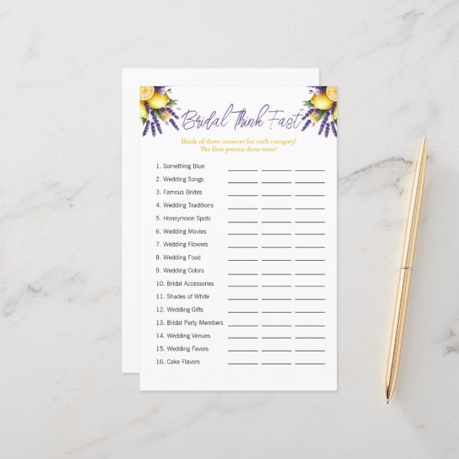 Lemon "Think Fast" Bridal Shower Game (Front/Back In Situ)