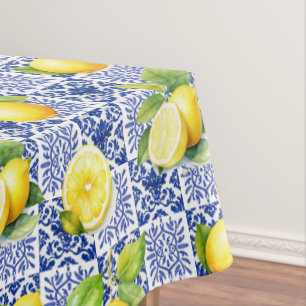 Lemon Tile Blue White Pattern Mediterranean Citrus Tablecloth